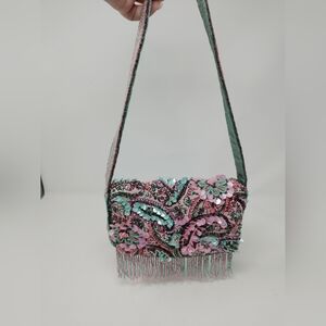 Boho Beaded Fringe Clutch Pastel Floral Sequin Festival Shoulder Bag